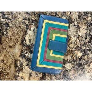 Leather ladies blue wallet with muti color detail on front